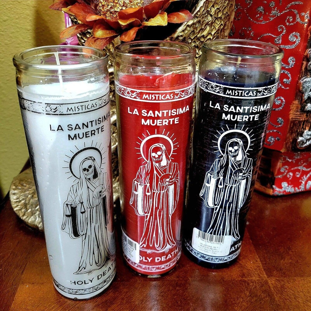 SANTA MUERTE Holy death candles 3 Solid colors , Red, White, Black 3 Pack Bundle